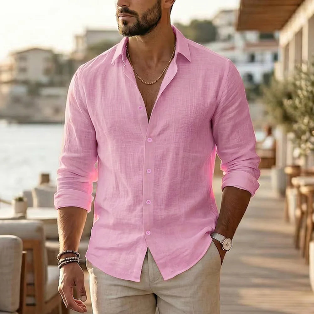 Chemise à manches longues pour hommes, en coton et lin, confortable, légère, style vacances, coupe ample, col à revers, chemises décontractées pour tous les jours
