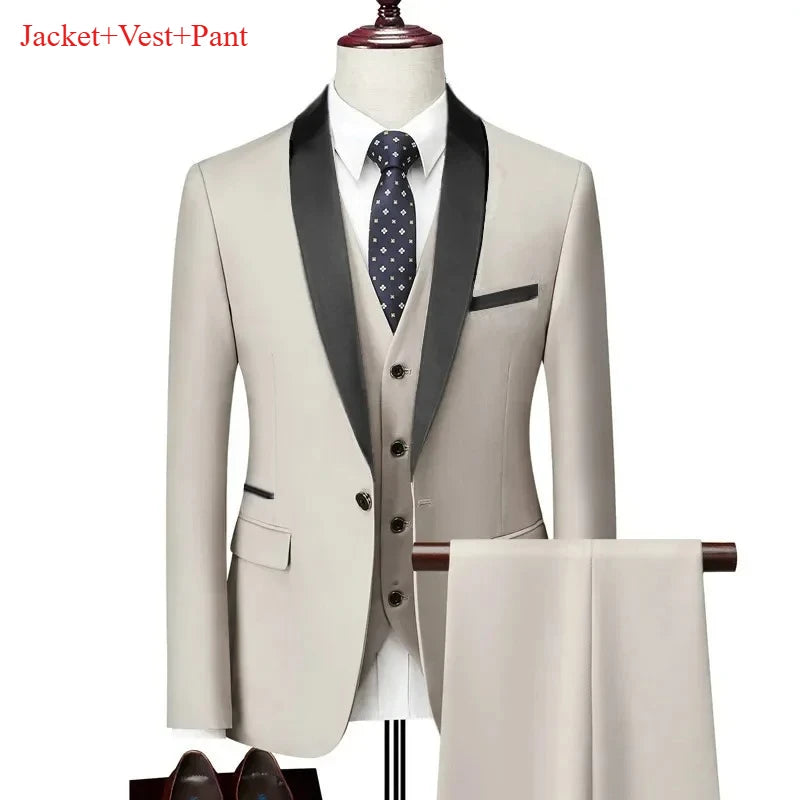 Ensemble de costume noir à revers pour hommes, manteau, gilet, pantalon/affaires pour garçons d'honneur, robe de mariée, pantalon Blazer Fprmal