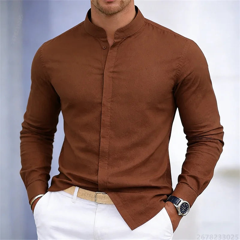 Chemise à manches longues pour homme, col montant, blanche ou noire, couleur unie, coupe ajustée, style business casual, tailles XS-6XL.