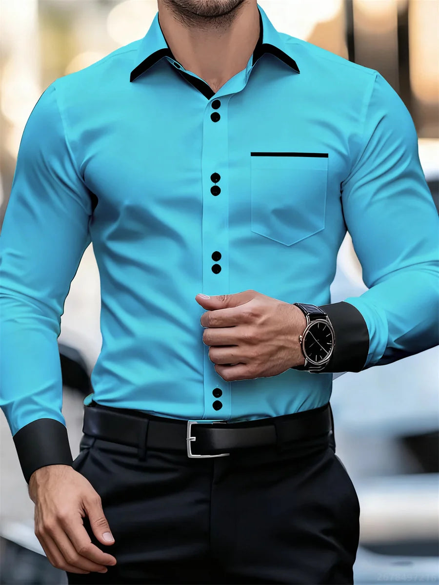 Chemise à manches longues à col bloc de couleur pour hommes d'affaires, coupe ajustée, sans plis, chemise Patchwork noir et blanc, haut tendance pour hommes