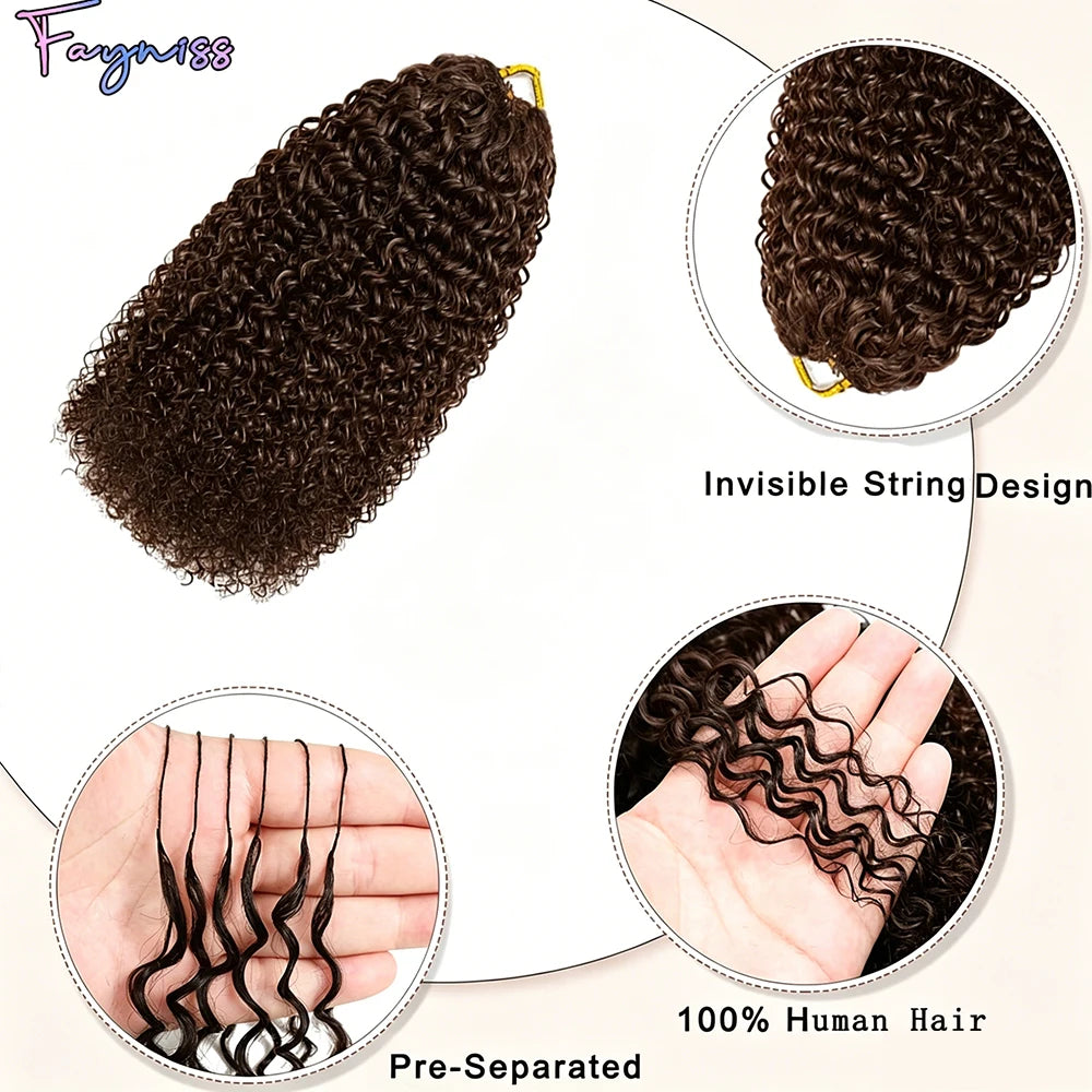 Cheveux humains 100% naturels, couleur chocolat brun, bouclés crépus, pour tresses bohèmes, pré-séparés, effet plume, pour tressage au crochet.