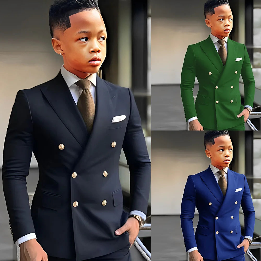Costumes pour garçons, haut de gamme, bleu marine, couleur unie, élégant, revers, Double boutonnage, deux pièces, mode Business, décontracté, smoking pour fête de mariage