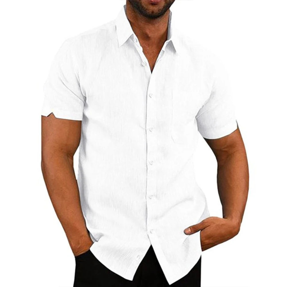 Chemises à manches courtes pour hommes, en coton et lin, couleur unie, col rabattu, décontracté, Style de plage, grande taille, offre spéciale, été