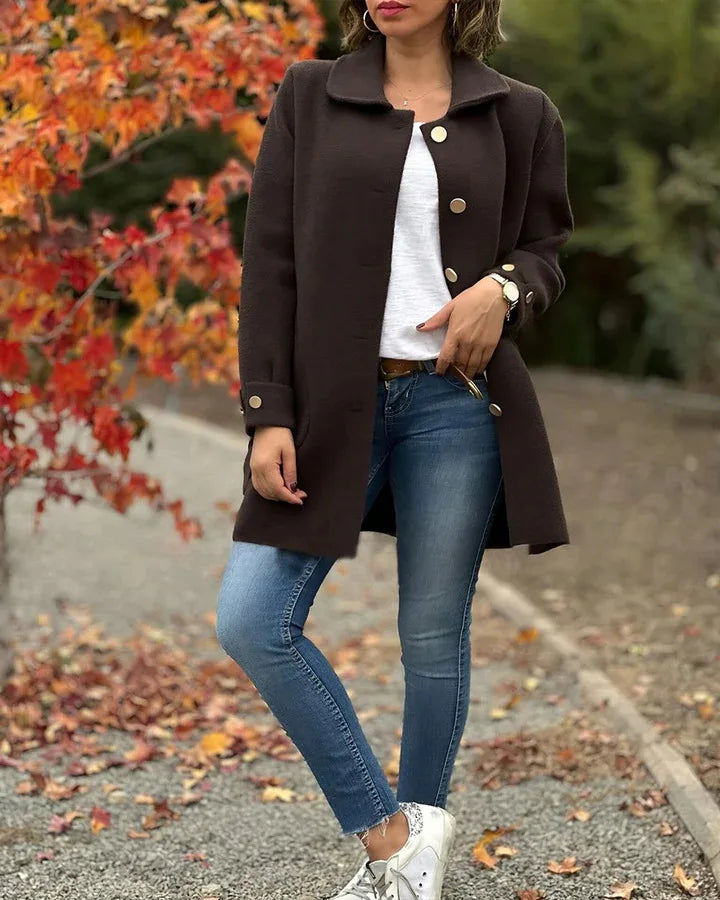 Manteau long en laine mélangée pour femmes, col à revers, couleur unie, manches longues, veste décontractée à nœud, élégant manteau de bureau pour femme.