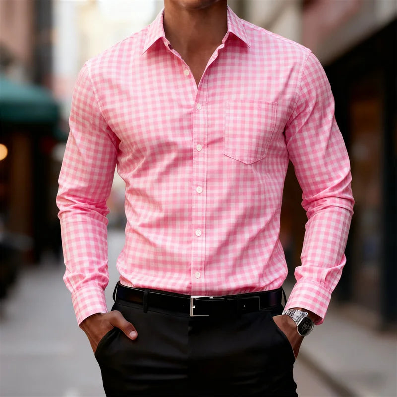 2025 Chemise à manches longues à carreaux fins bleu et blanc pour hommes d'affaires décontractée, coupe ajustée, chemise élégante pour hommes, disponible en 11 couleurs