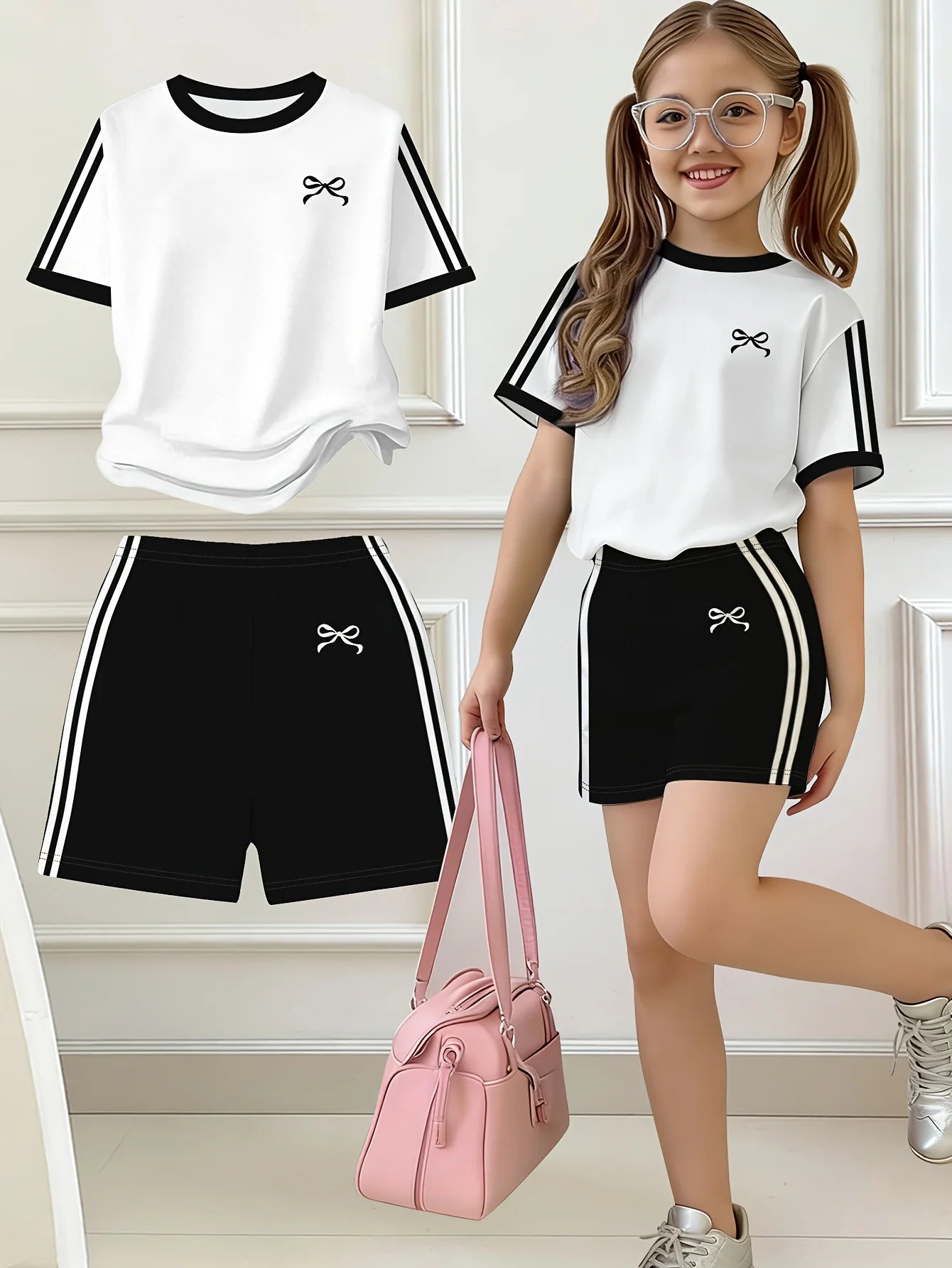Vêtements pour enfants filles, ensemble 2 pièces, t-shirt à manches courtes et short imprimé Easy Bow, adapté au printemps et à l'été, mode Y2K