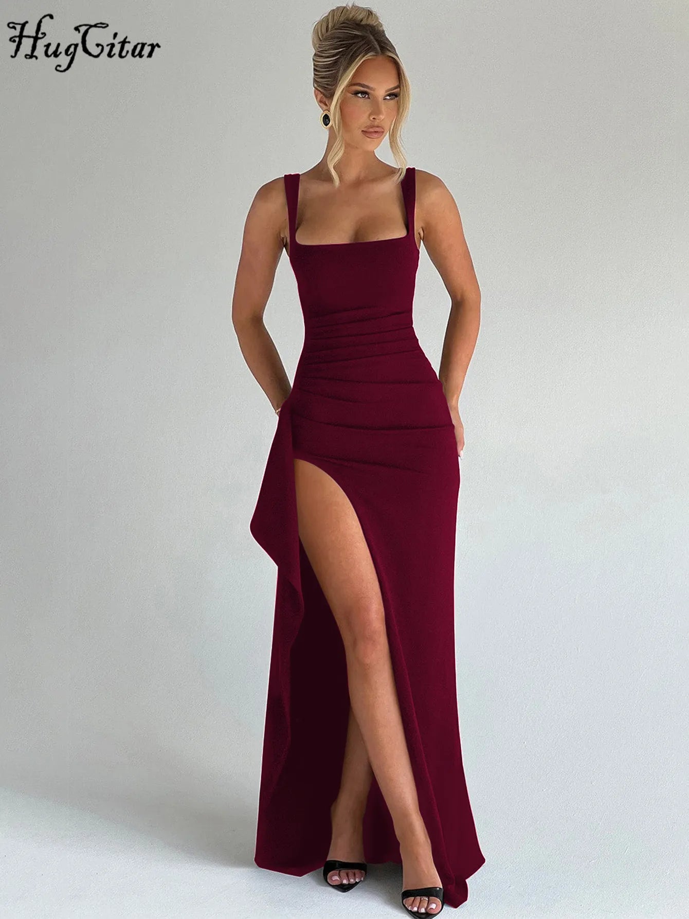 Hugcitar femmes élégant solide bretelles fente froncé Patchwork Sexy moulante Maxi robe tenues d'été soirée fête anniversaire Festival
