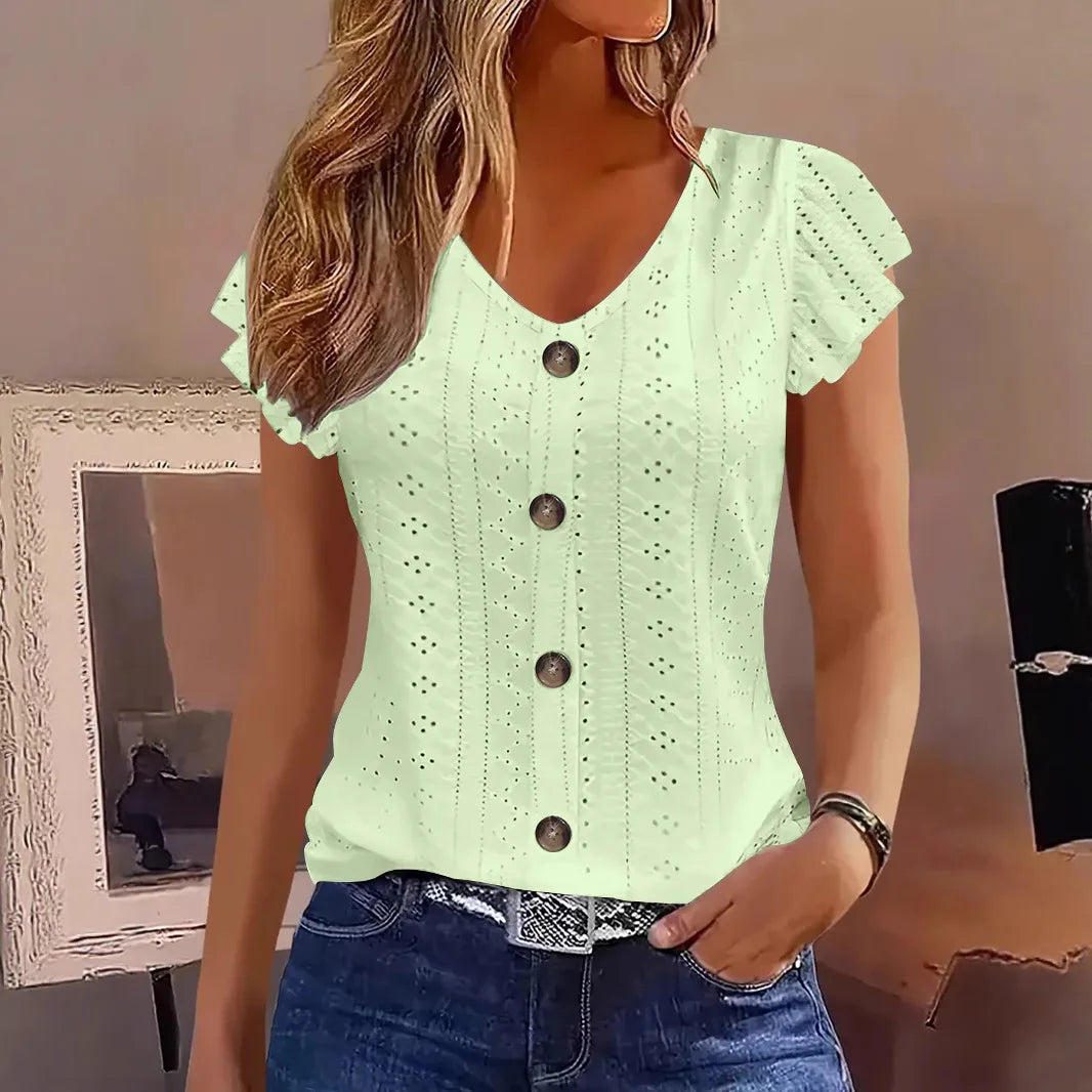 2025 femmes Sexy hauts décontracté couleur unie col en V à manches courtes chemises d'été femmes bouton décontracté dames lâche mode Blouses