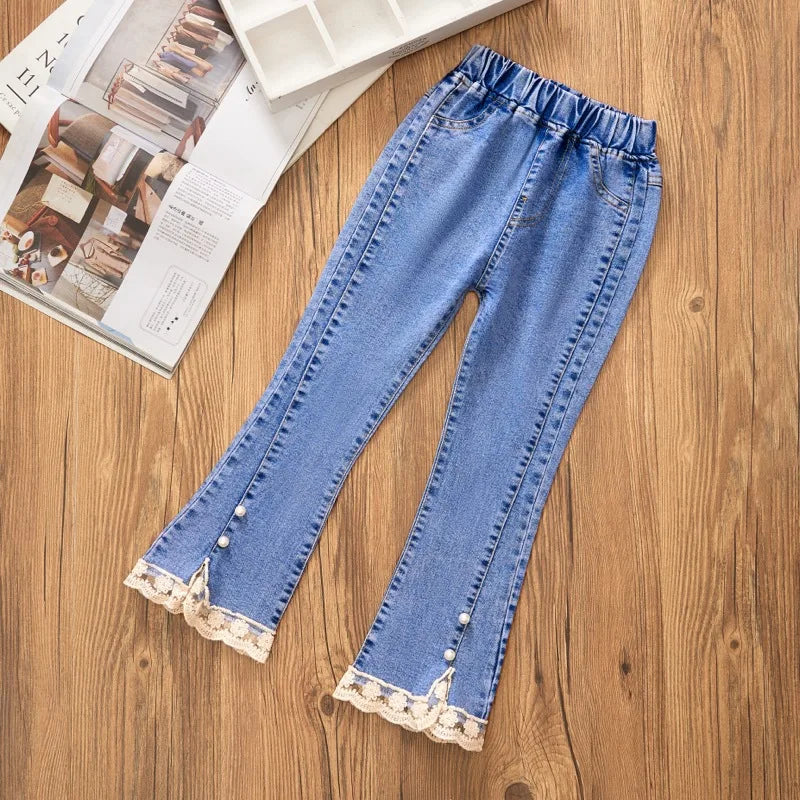 Jeans pour filles de 3 à 12 ans, pantalons longs en dentelle, à la mode, doux, avec nœud coréen, évasé, amples, décontractés, nouvelle collection 2024