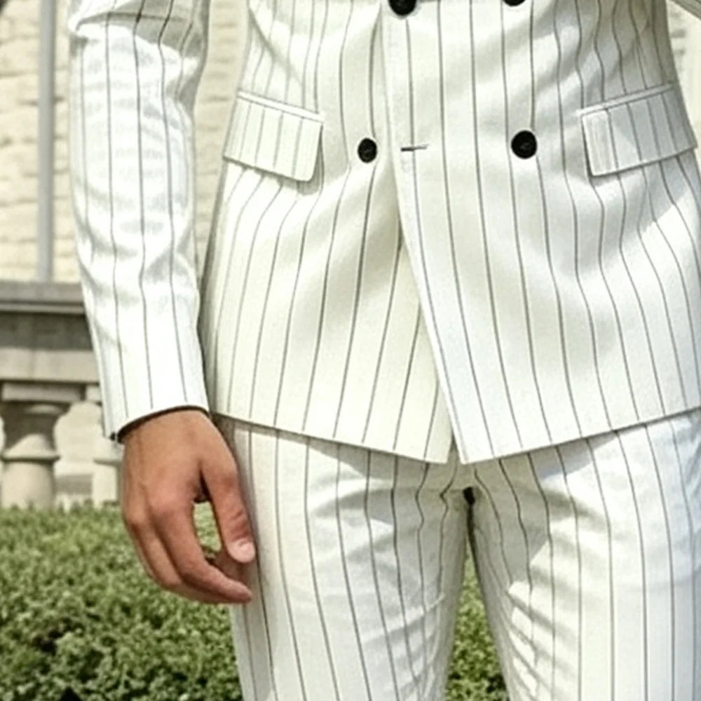 Costume de luxe pour homme, double boutonnage, à fines rayures blanches, 2 pièces (veste et pantalon), pour mariage, marié, affaires, bal de promo, costume sur mesure