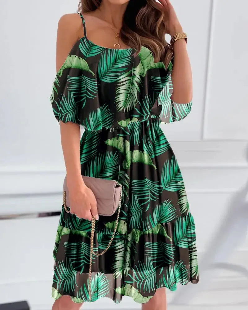 Femme robe 2025 été imprimé fleuri Sexy Spaghetti sangle hors épaule robe décontracté dames vacances plage Boho robes robes