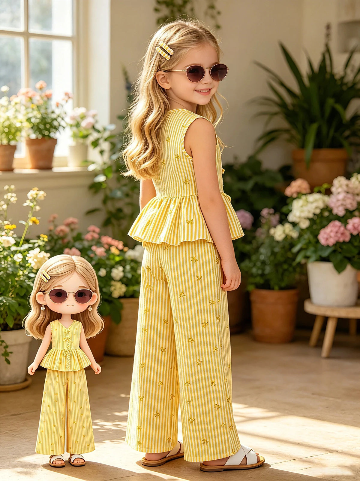 Tenue d'été 2 pièces pour enfants filles, haut à volants sans manches à col en V avec imprimé à rayures verticales jaunes et pantalon à jambes larges taille haute, décontracté