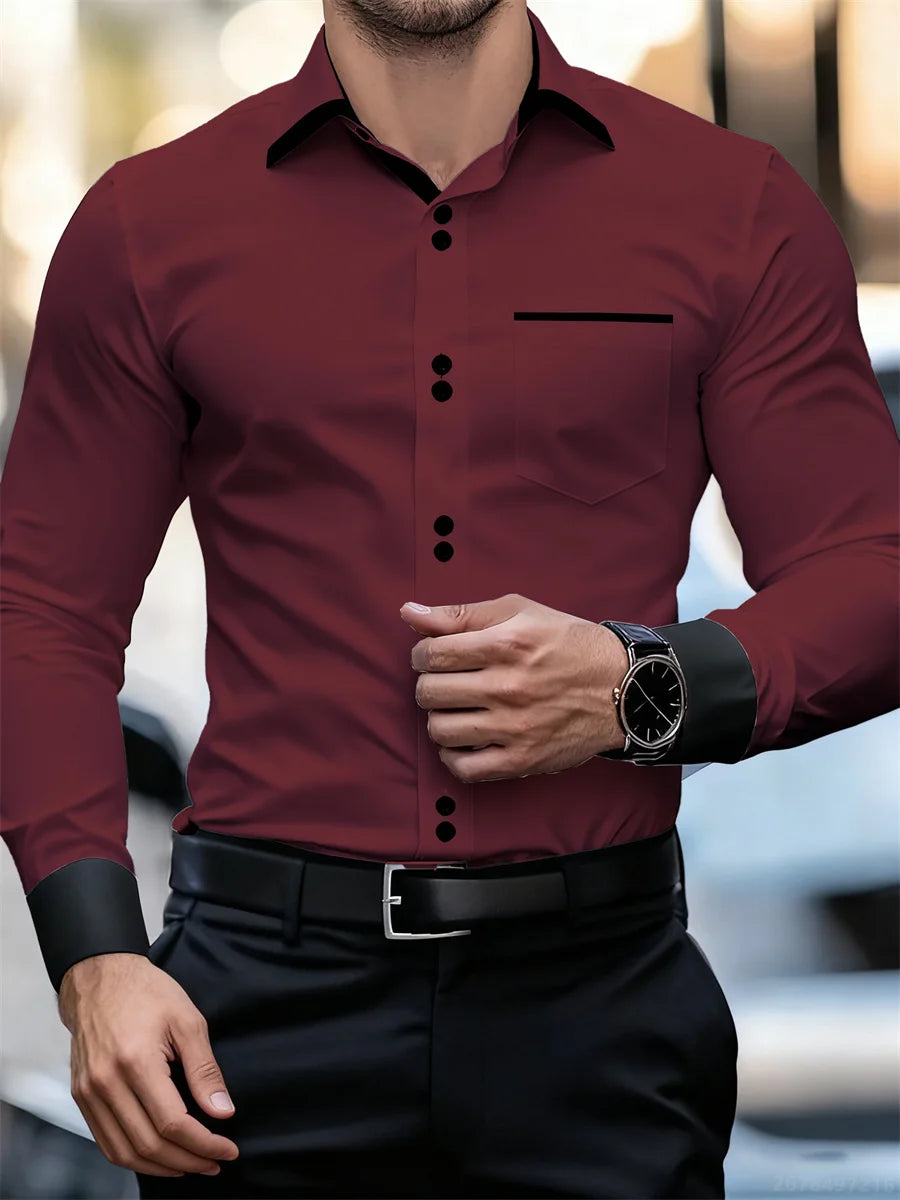 Chemise à manches longues à col bloc de couleur pour hommes d'affaires, coupe ajustée, sans plis, chemise Patchwork noir et blanc, haut tendance pour hommes