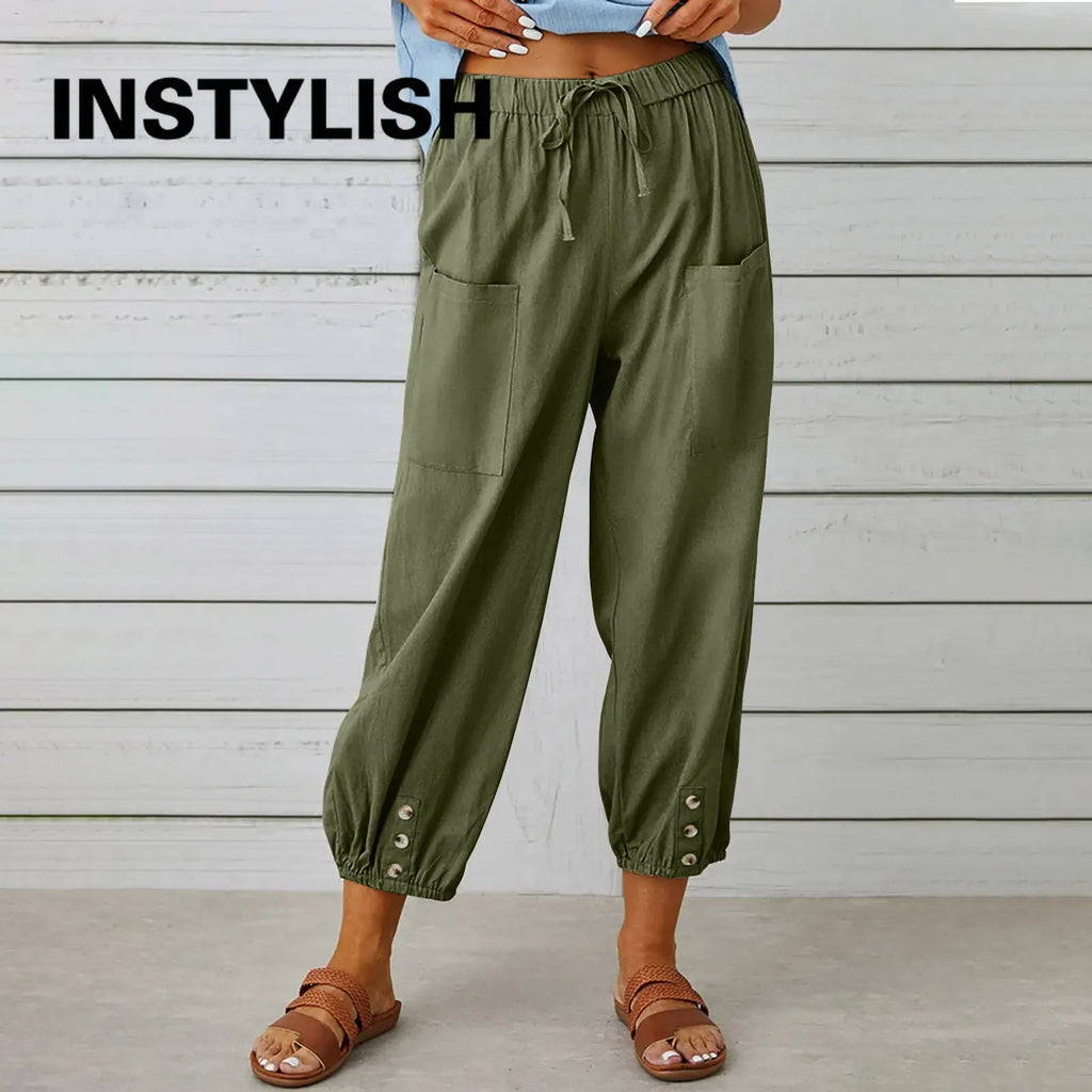 Pantalon en coton et lin pour femmes, couleur unie, taille élastique, ample, droit, Harajuku, taille haute, jambes larges, automne 2023