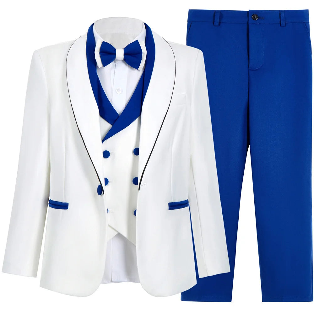 Vente chaude rouge blanc contraste garçons costume formel ensemble 3-14 ans 2026 4 pièces enfants mariage smoking Blazer gilet pantalon nœud papillon