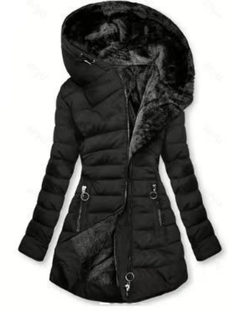 Manteau mi-long pour femme, veste matelassée grande taille, vêtements d'extérieur chauds, à capuche, grand col en fourrure, coupe-vent, manches longues, manteau d'hiver