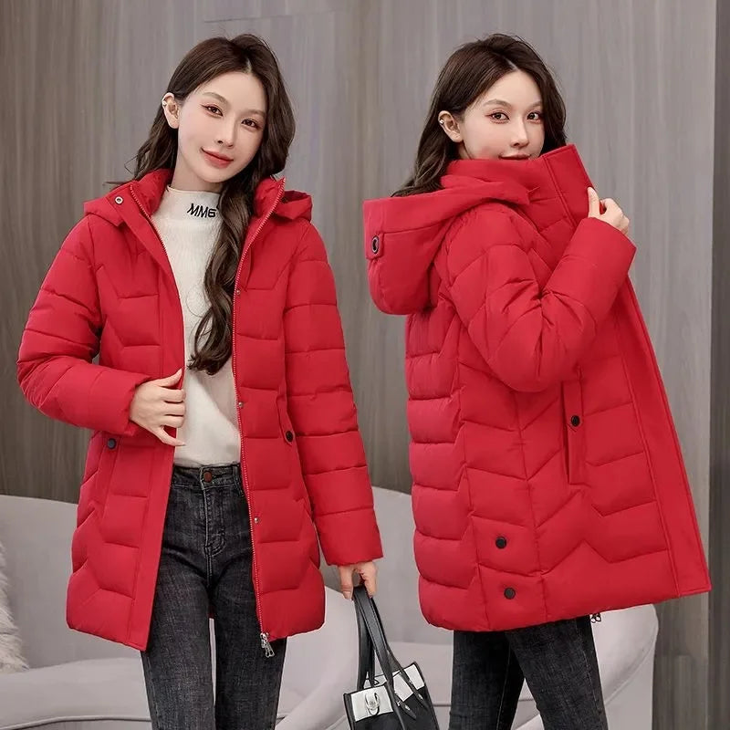 Manteau long et fin matelassé en coton pour femme, chaud, nouvelle collection hiver 2026, avec capuche amovible, parka grande taille pour femme