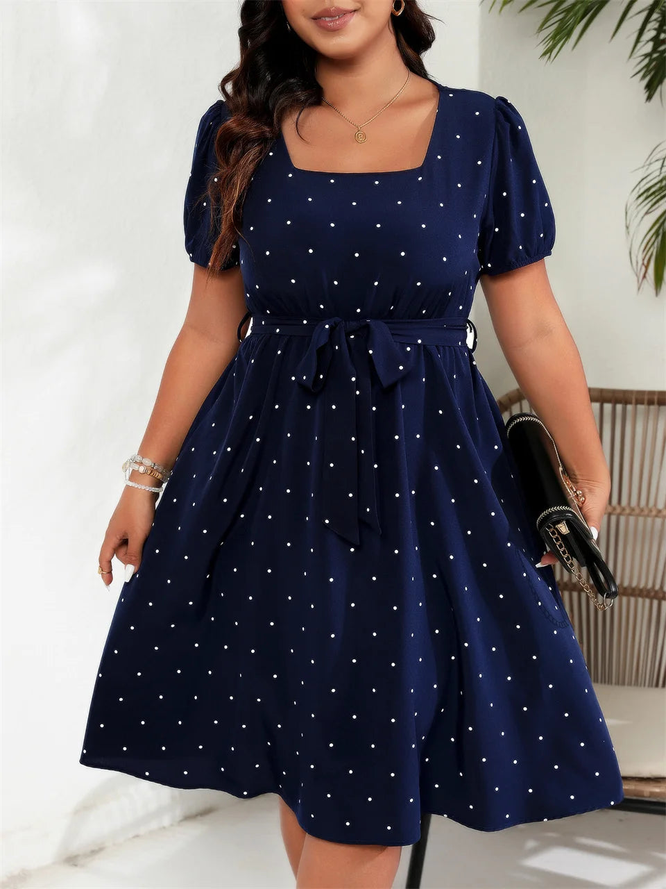 GIBSIE-Robe trapèze ceinturée à pois pour femme, grande taille, col carré, manches bouffantes, taille haute, élégante, rétro, été