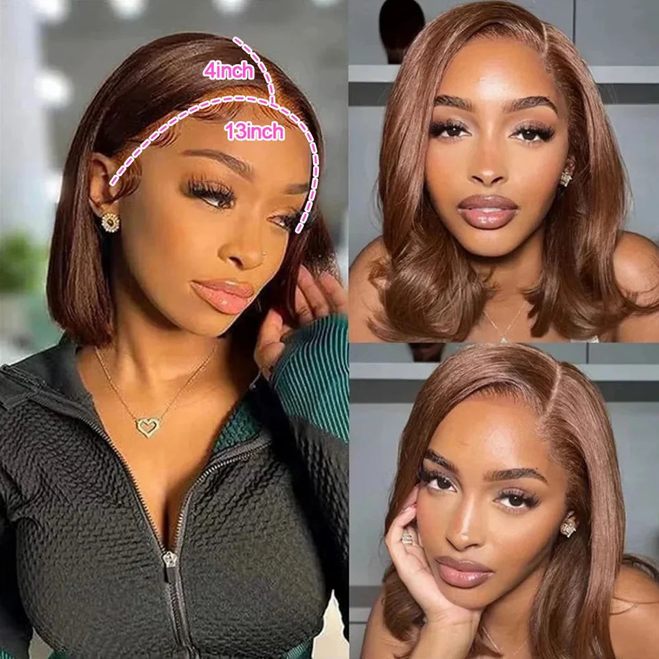 13X4 chocolat brun droite Bob perruque 4X4 soyeux droite HD dentelle frontale perruque naturel délié pré plumé cheveux humains 100% 16 pouces
