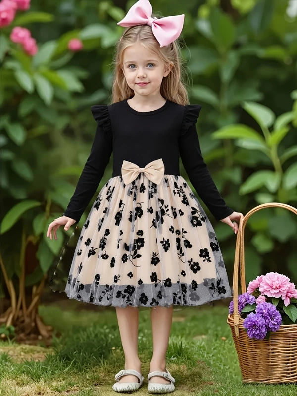 Printemps automne infantile enfant en bas âge filles col rond manches volantes épissure fleur imprimé Tulle tenue décontractée pour bébé filles