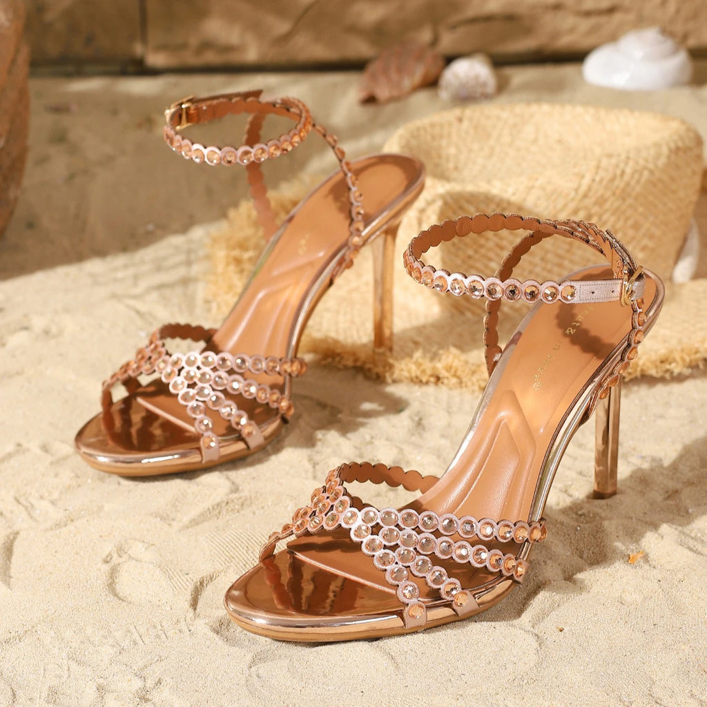 Sandales à talons hauts pour femmes, charmantes, avec strass transparents, chaussures de soirée, chaussures de mariage, chaussures à talons aiguilles, chaussures en cristal, chaussures de banquet, grandes tailles 34-42