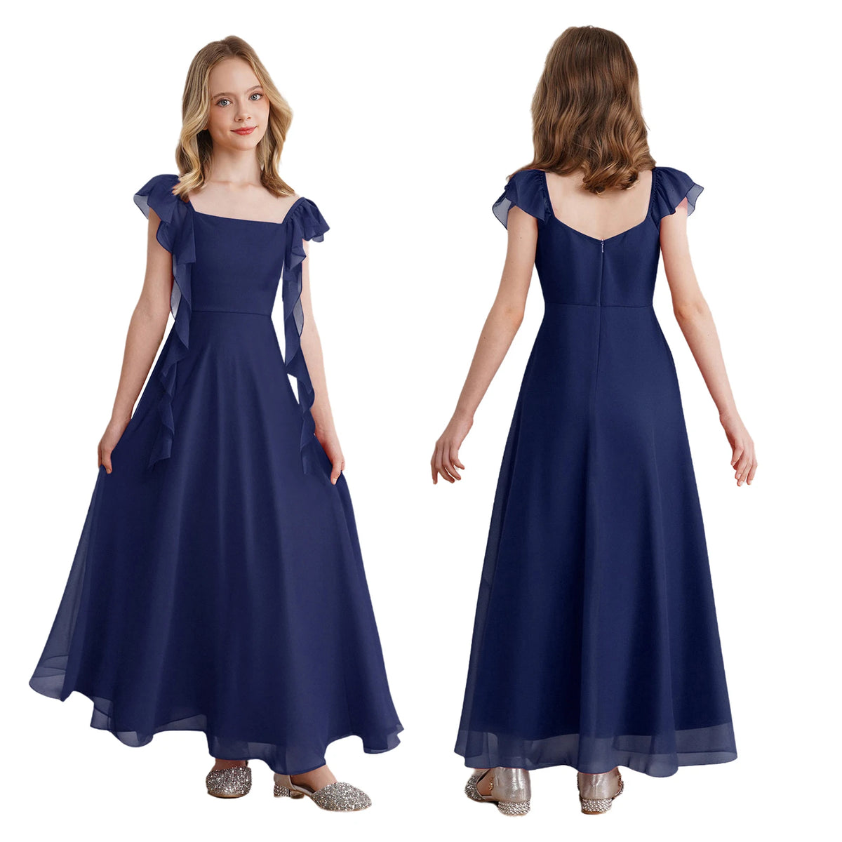 Robes de demoiselle d'honneur junior pour adolescentes, robe à fleurs, bretelles à volants, en mousseline de soie, robe d'été formelle pour fête de mariage, spectacle, Banquet