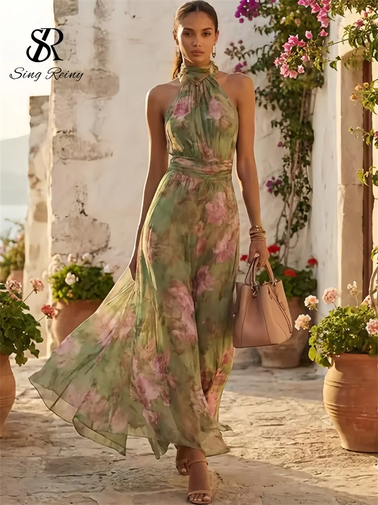 Robe longue élégante SINGREINY en mousseline de soie verte à motif floral, style licou, sans manches, coupe trapèze, tendance 2026, pour femme, idéale pour les invitées de mariage ou les soirées.