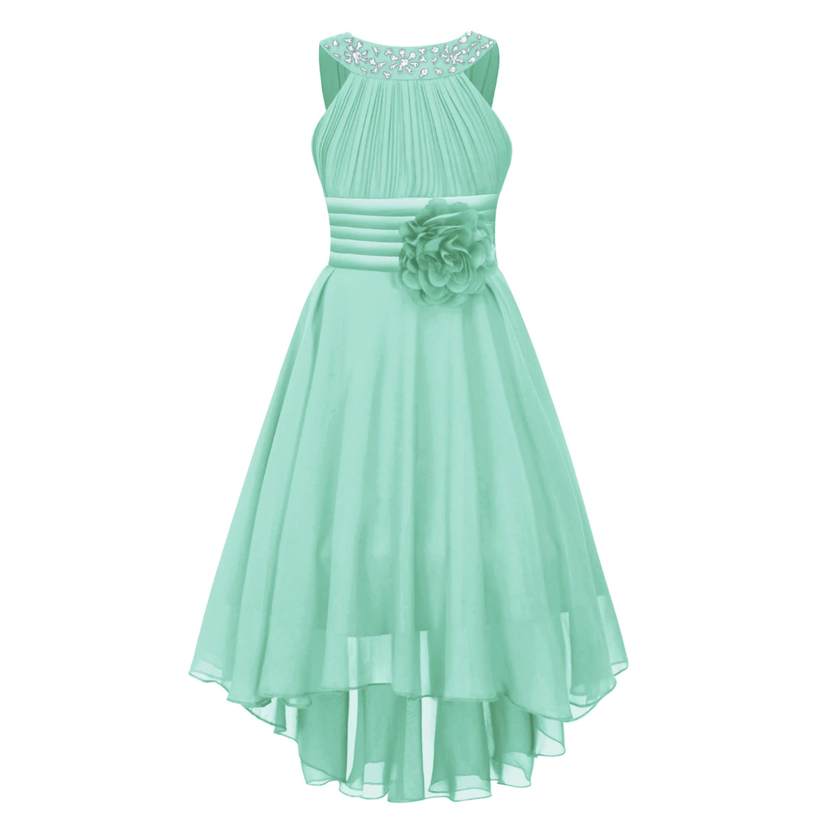 Robe de princesse à fleurs pour filles, robe formelle de demoiselle d'honneur junior, de fête de mariage, sans manches, froncée, jupe haute et basse en mousseline de soie, robes de bal