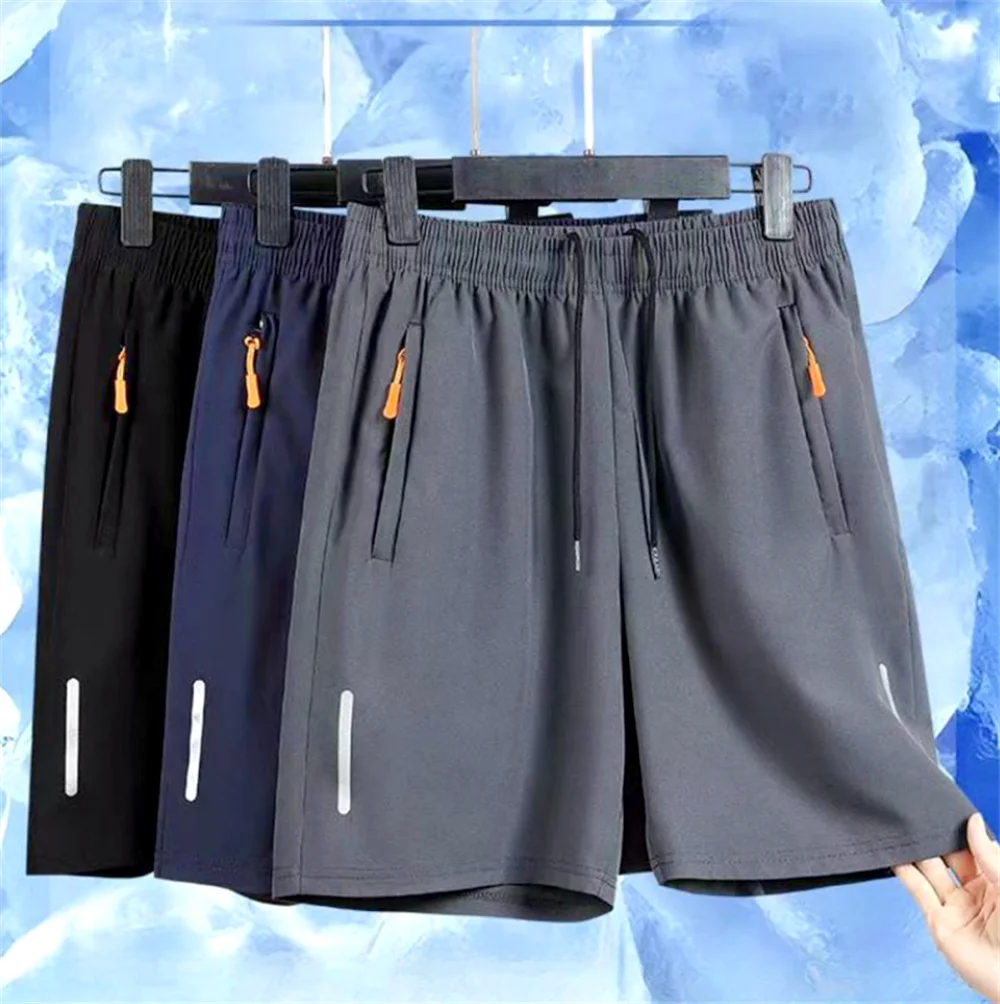 Pantalon court de plage d'été pour hommes, Short de sport décontracté, Ultra-fin, soie glacée, séchage rapide, fermeture éclair, ample, pantalon de survêtement de gymnastique, de Jogging