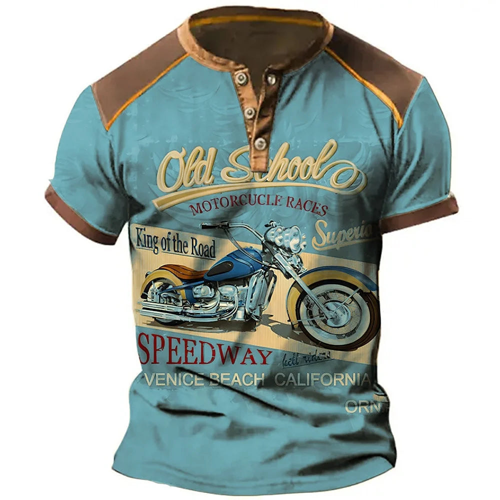 Chemises Henley pour hommes tendance, t-shirts amusants à imprimé 3D de moto, hauts décontractés d'été à manches courtes boutonnées, vêtements de sport pour la conduite en extérieur