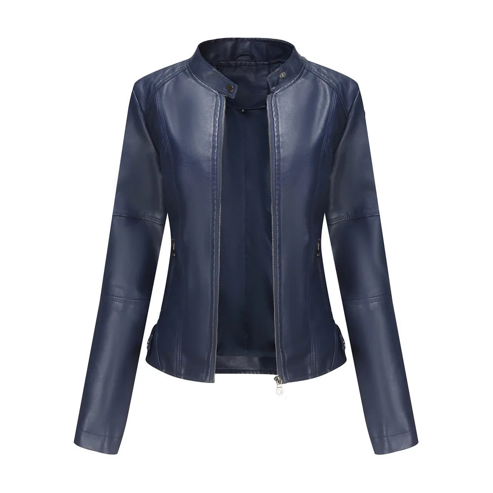 Blouson en cuir slim pour femme avec col montant, style motard, fermeture éclair noire, idéal pour l'extérieur en automne