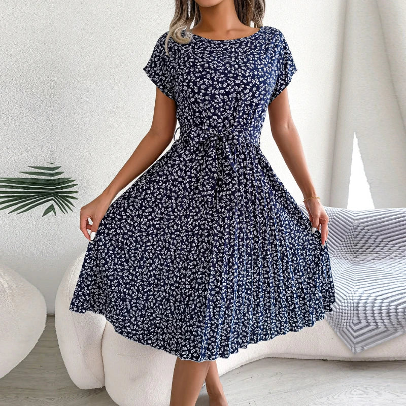 Gaun Berlipat Floral Wanita Midi Perban, Ruched Lengan, Pendek Leher-o Kasual Musim, Boho Chic A Line Pantai Wanita