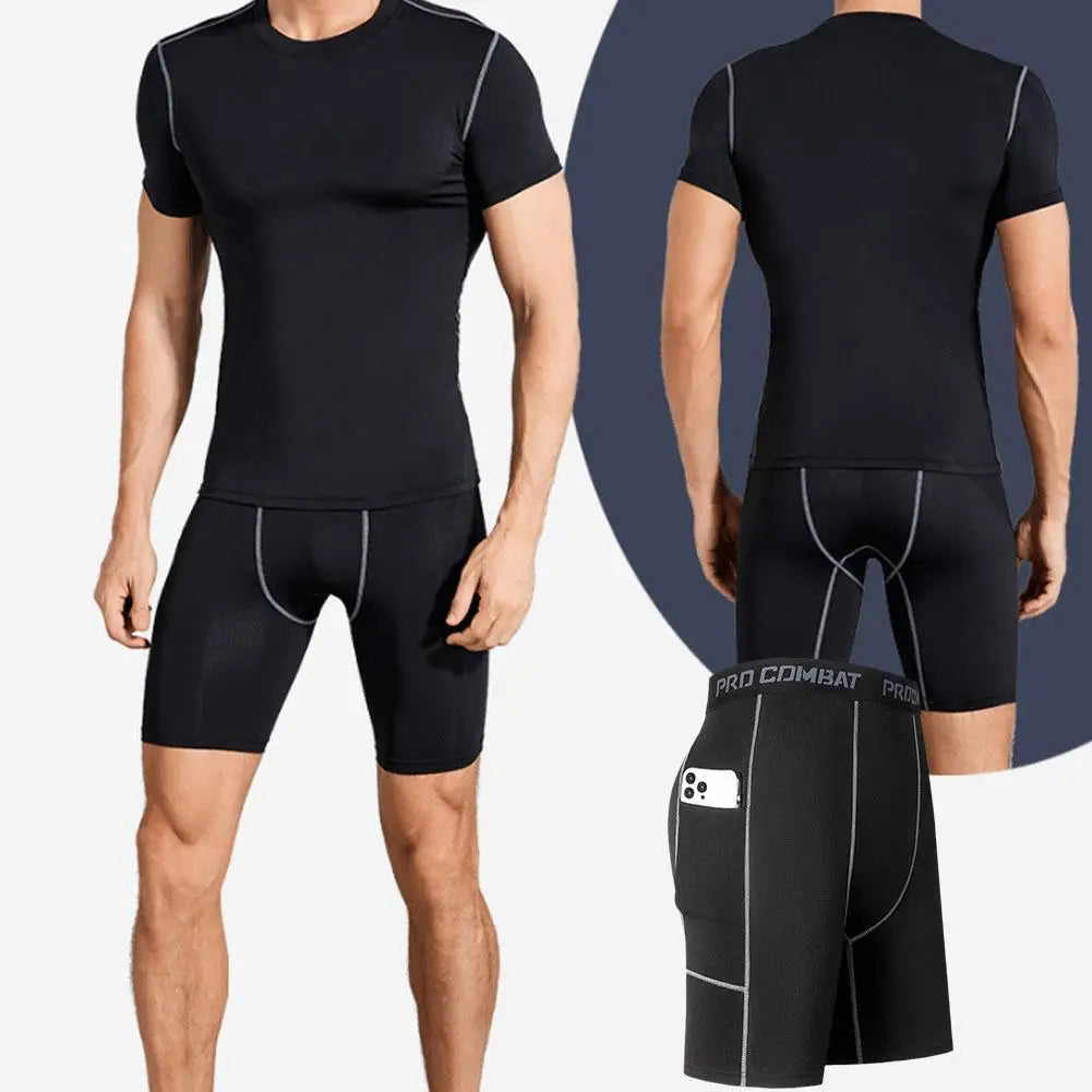 Pantalon court de compression pour hommes, élastique, à séchage rapide, pour la course à pied, la remise en forme, avec poche, grande taille, noir, pantalon d'entraînement serré pour la salle de sport