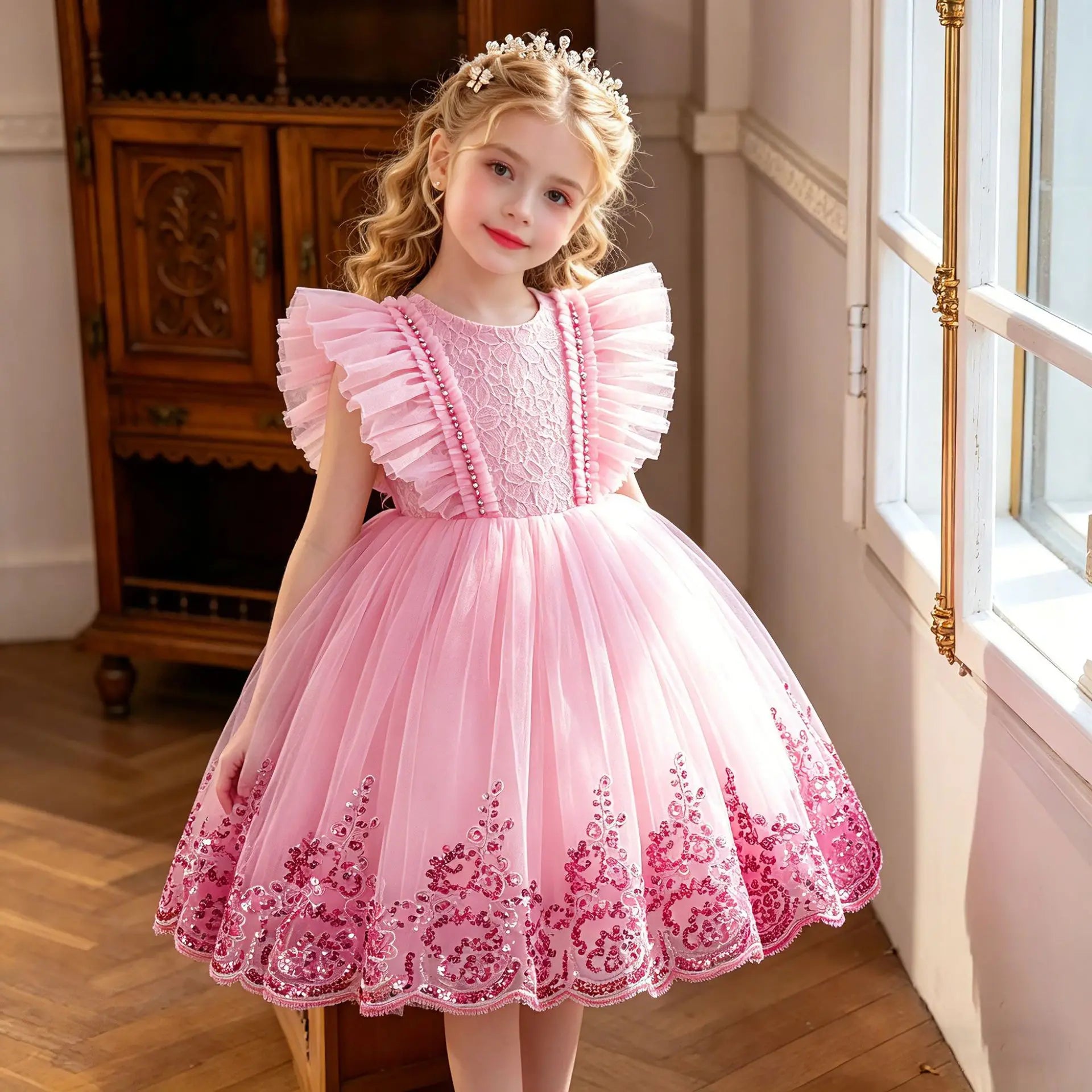 Robes pour filles en tulle rouge et violet, avec fleurs bouffantes et nœud, pour mariage, concours de beauté, fête, robes de première communion