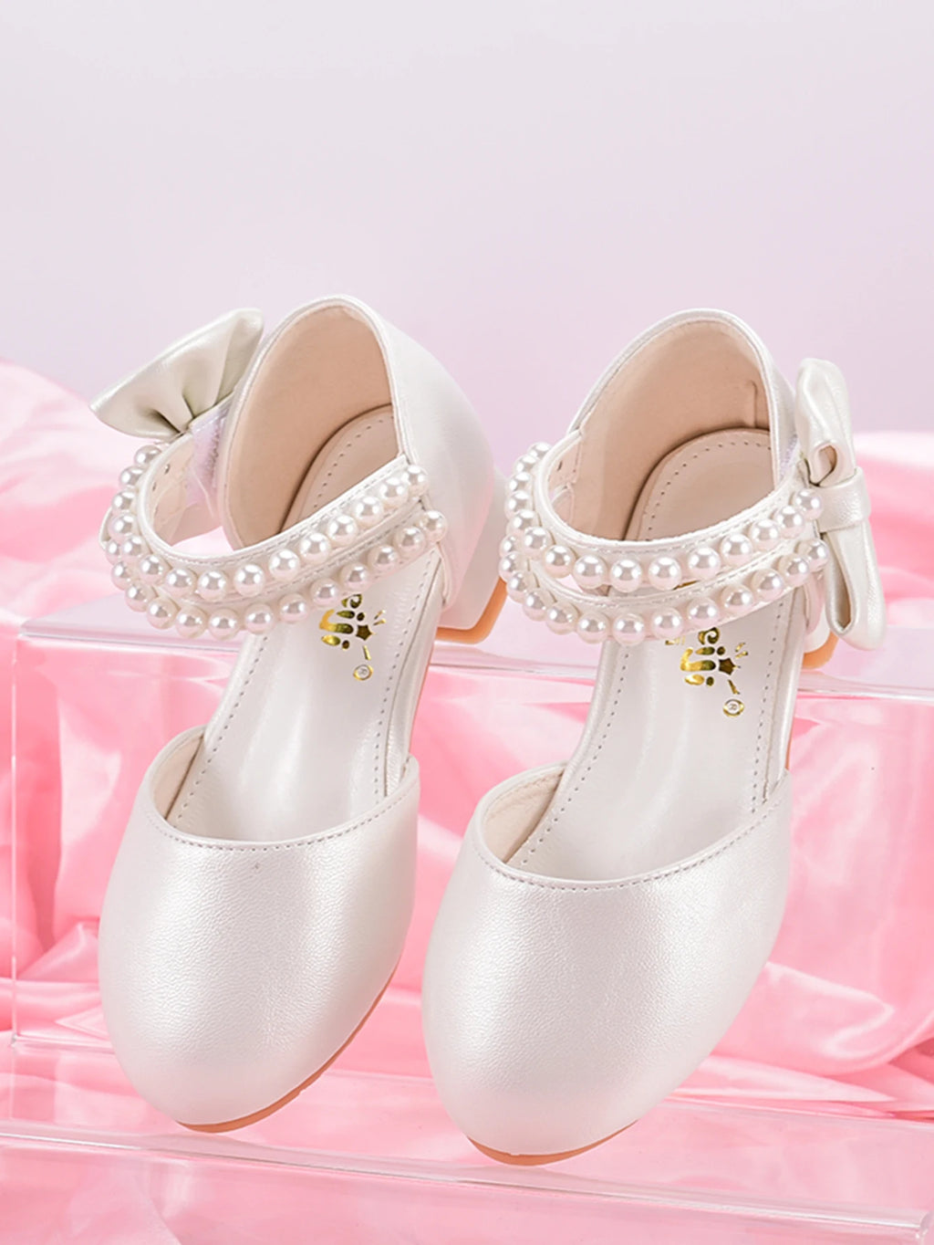 Chaussures de princesse pour enfants pour filles, chaussures blanches printemps/été à talons hauts et perles pour grands enfants