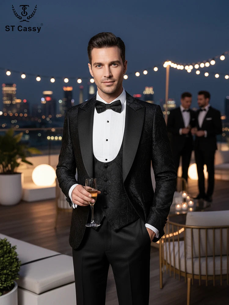 Costume de luxe 3 pièces ST Cassy de haute qualité pour homme – Smoking noir pour dîner, soirée, banquet, mode masculine, marié, mariage
