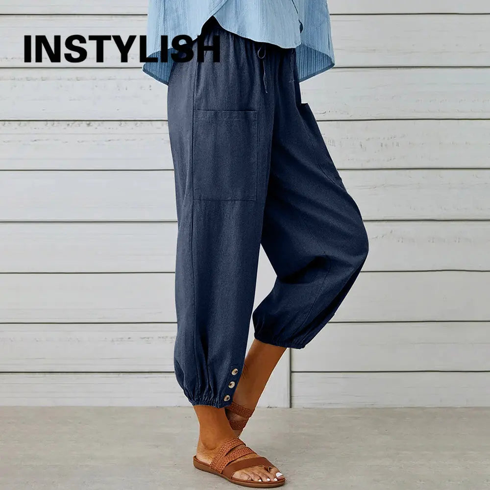 Pantalon en coton et lin pour femmes, couleur unie, taille élastique, ample, droit, Harajuku, taille haute, jambes larges, automne 2023