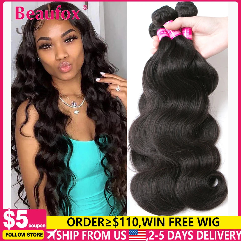 Beaufox corps vague paquets cheveux brésiliens armure paquets 1/3/4 pièces paquets de cheveux humains naturel/noir de jais 8-30 "Remy Extensions de cheveux
