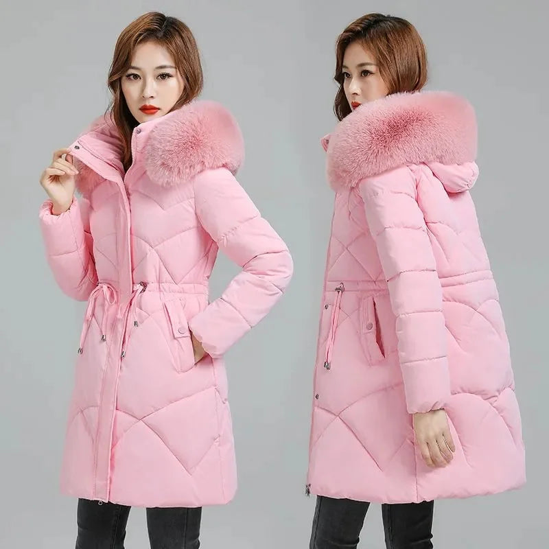 Veste longue en duvet Ctton pour femme avec ceinture, Parka optique blanche, à lacets, mince, haut de gamme, hiver, nouveau, 2023