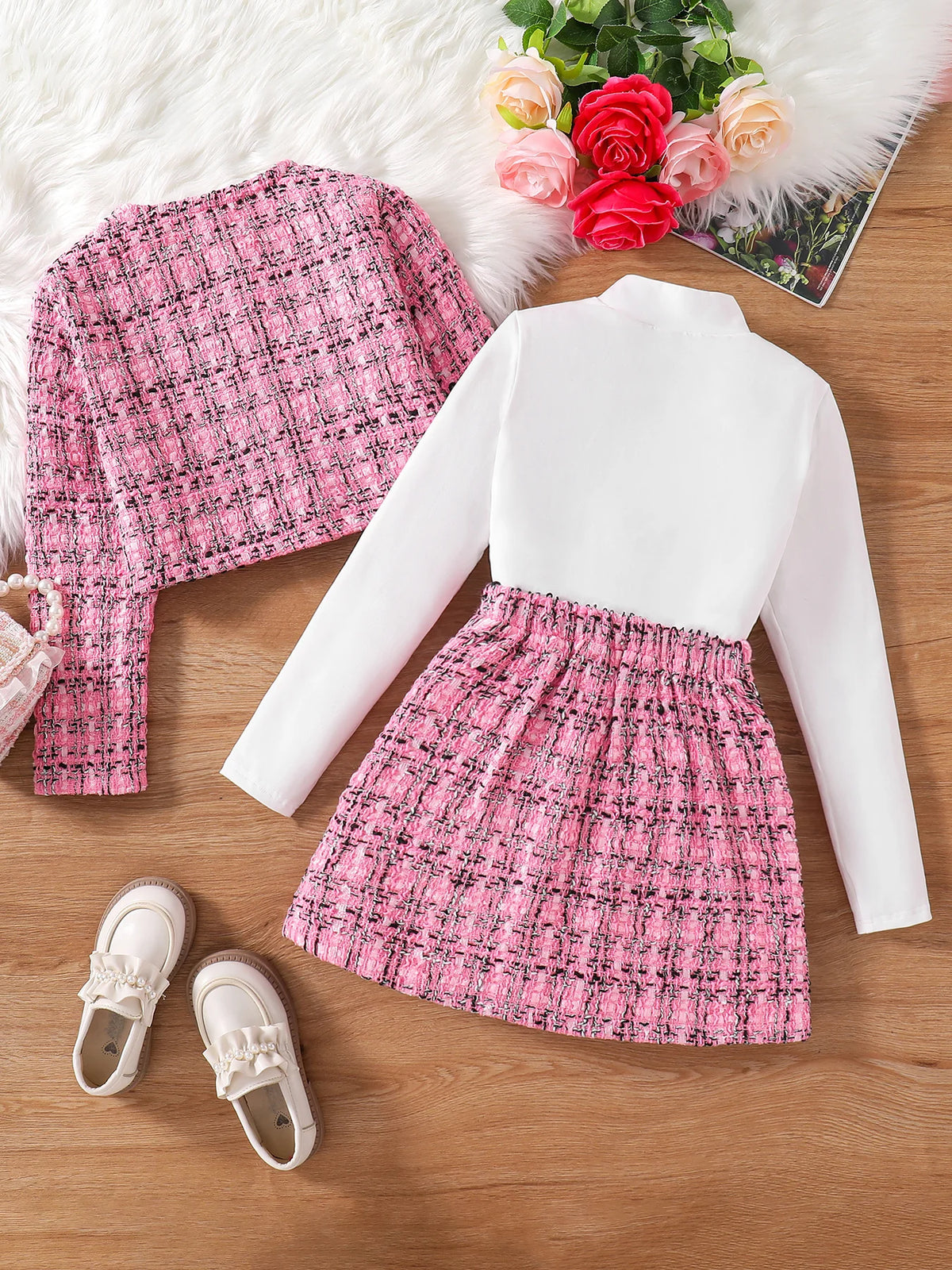Robe mignonne à la mode pour filles, 3 ensembles de haut à carreaux rose + jupe + chemise blanche à manches longues, nouvelle collection printemps et automne