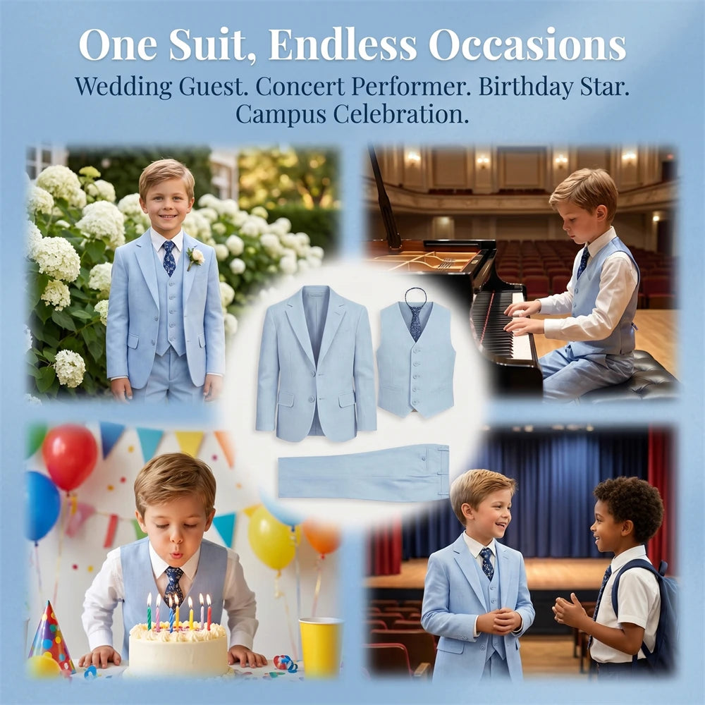 Costume en lin pour garçon, smoking 4 pièces coupe classique pour enfants, veste, gilet, pantalon, cravate, pour communion, performance au piano, ou rôle de porteur d'alliances