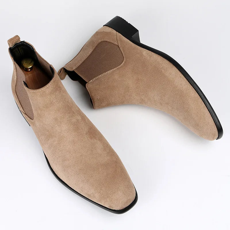Bottines Chelsea en daim pour hommes, chaussures d'affaires en cuir à bout carré, bottes courtes à enfiler, grande taille, chaussures de styliste pour hommes
