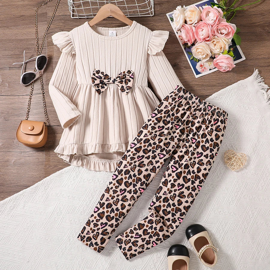 Printemps automne filles mignon mode vêtements de sport abricot tricoté à volants haut à manches longues + dessin animé imprimé complet taille élastique pantalons décontractés ensemble