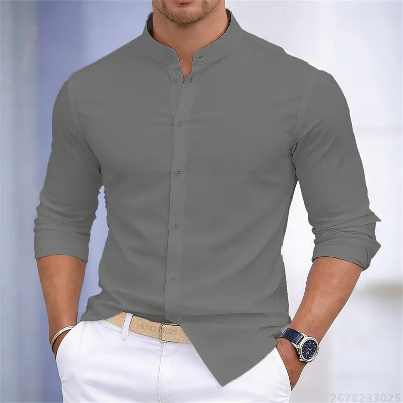 Chemise à manches longues pour homme, col montant, blanche ou noire, couleur unie, coupe ajustée, style business casual, tailles XS-6XL.