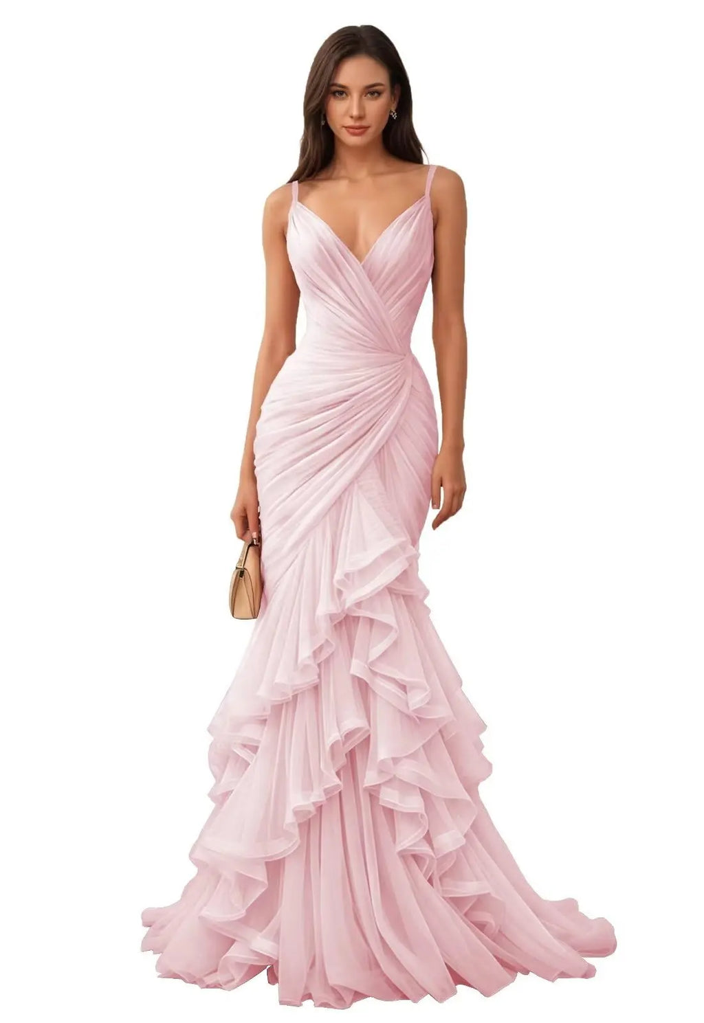 Robe de bal sirène personnalisée en tulle avec bretelles spaghetti, volants étagés, col en V, pour soirée formelle
