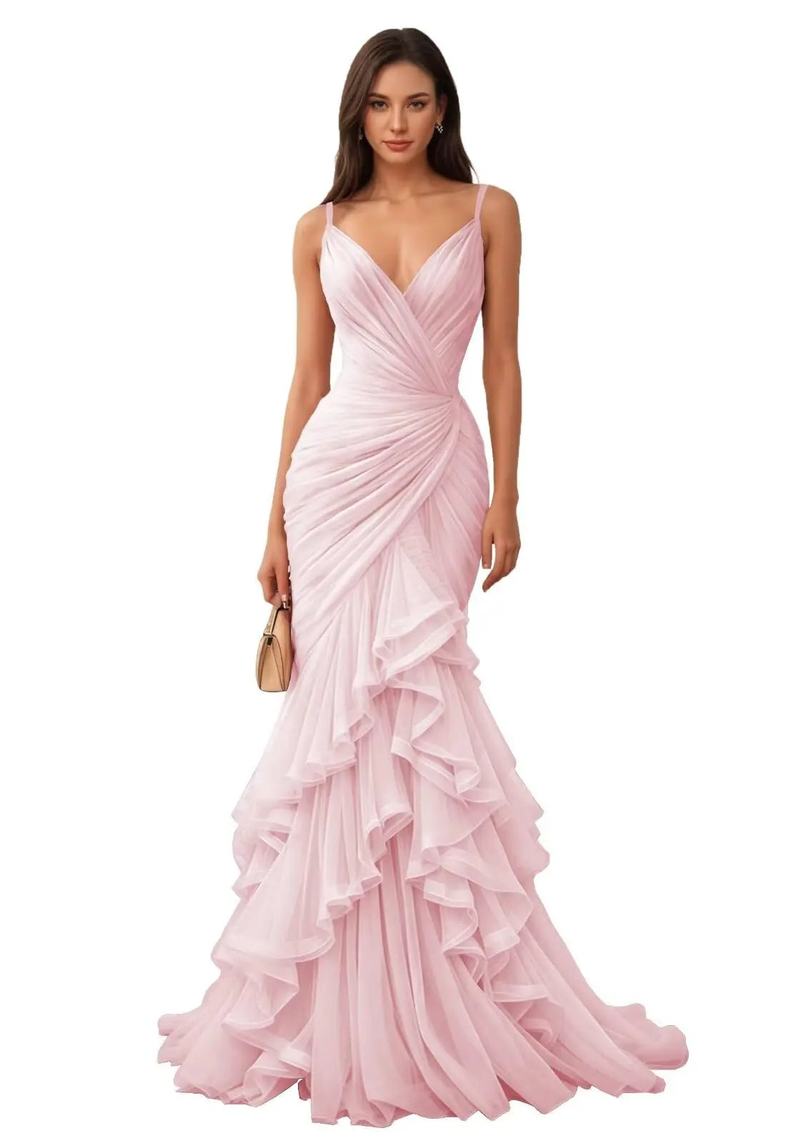 Robe de bal sirène personnalisée en tulle avec bretelles spaghetti, volants étagés, col en V, pour soirée formelle
