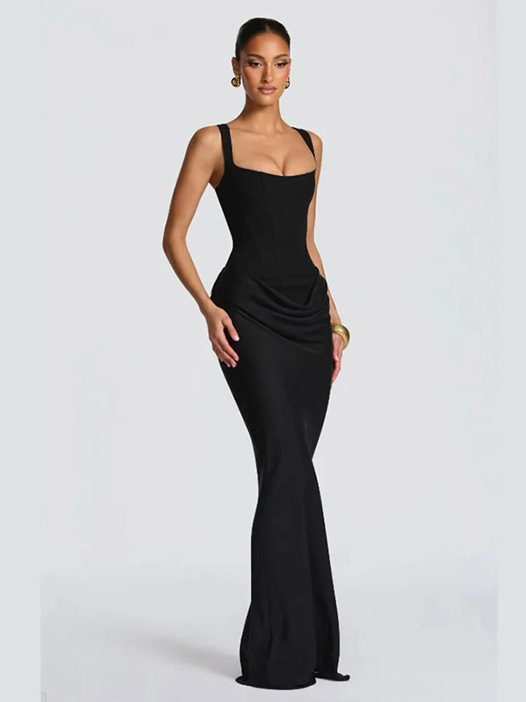 Robe à bretelles plissée pour femmes, couleur unie, col carré, sans manches, épaules dénudées, taille cintrée, robes Slim, robes de soirée, 2025