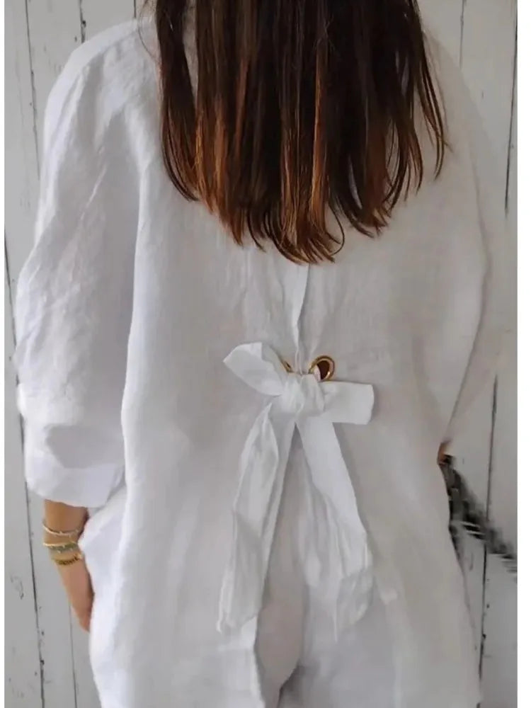 Chemise en lin de coton pour femmes, chemisier à lacets, nœud au dos élégant, monochromatique, décontracté, demi-manche à revers, printemps, été, nouveau