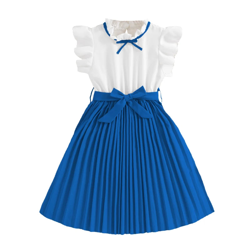 Robe pour filles, manches pétales blanches, jupe kaki plissée et nœud papillon, Style Preppy, vêtements de fête d'anniversaire élégants pour 8 à 12 ans