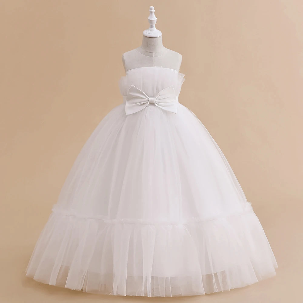 Robe d'été en Tulle pour filles, tenue de demoiselle d'honneur blanche, Costume élégant pour enfants, tenue de soirée de mariage, 2023